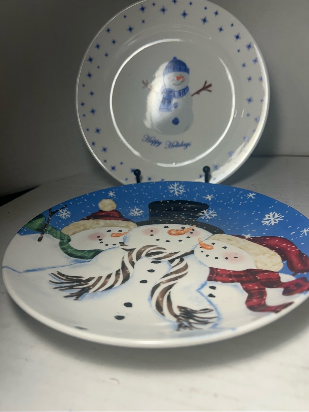 Festive Snowman Holiday Dinner Plates - Blue, White 8 inch